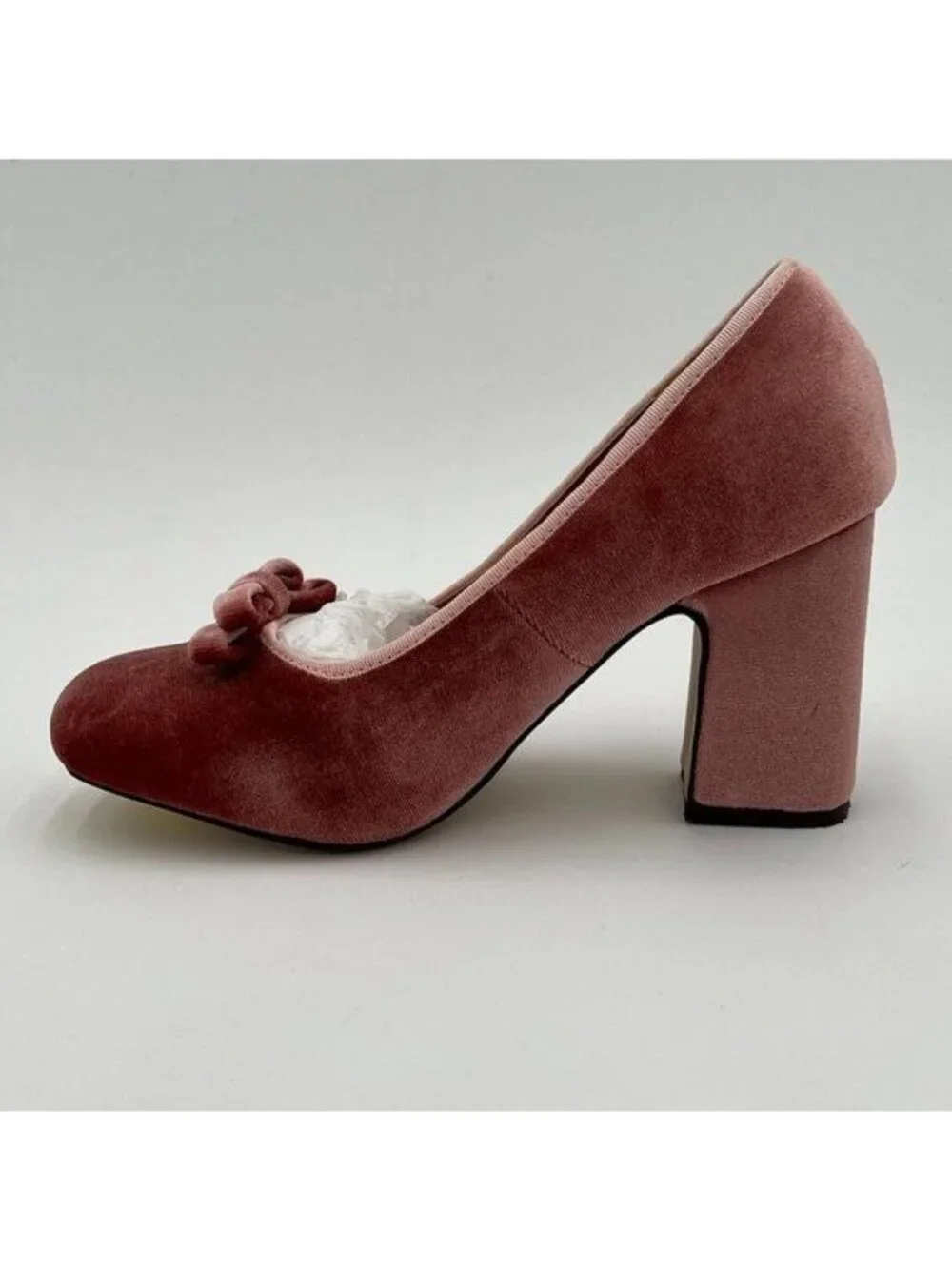 Pazzion Pink Round Toe Pumps Velvet Double Bows Chunky High Heel Slip On Shoes